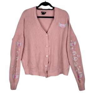 Hot Topic Kawaii Wings Pink Knit Cardigan Sweater With Embroidery Size Large